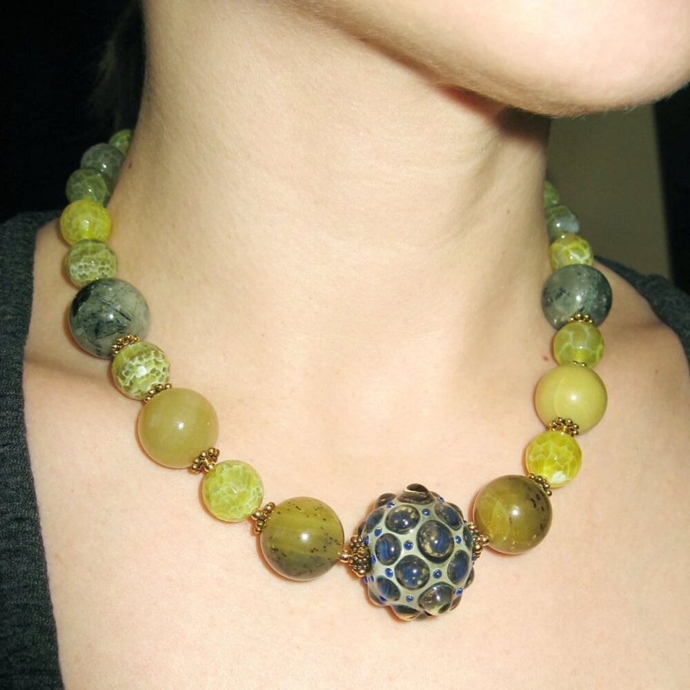 Lampwork Glass Natural Gemstones Yellow Opal Fire Agate Green Quartz  Choker